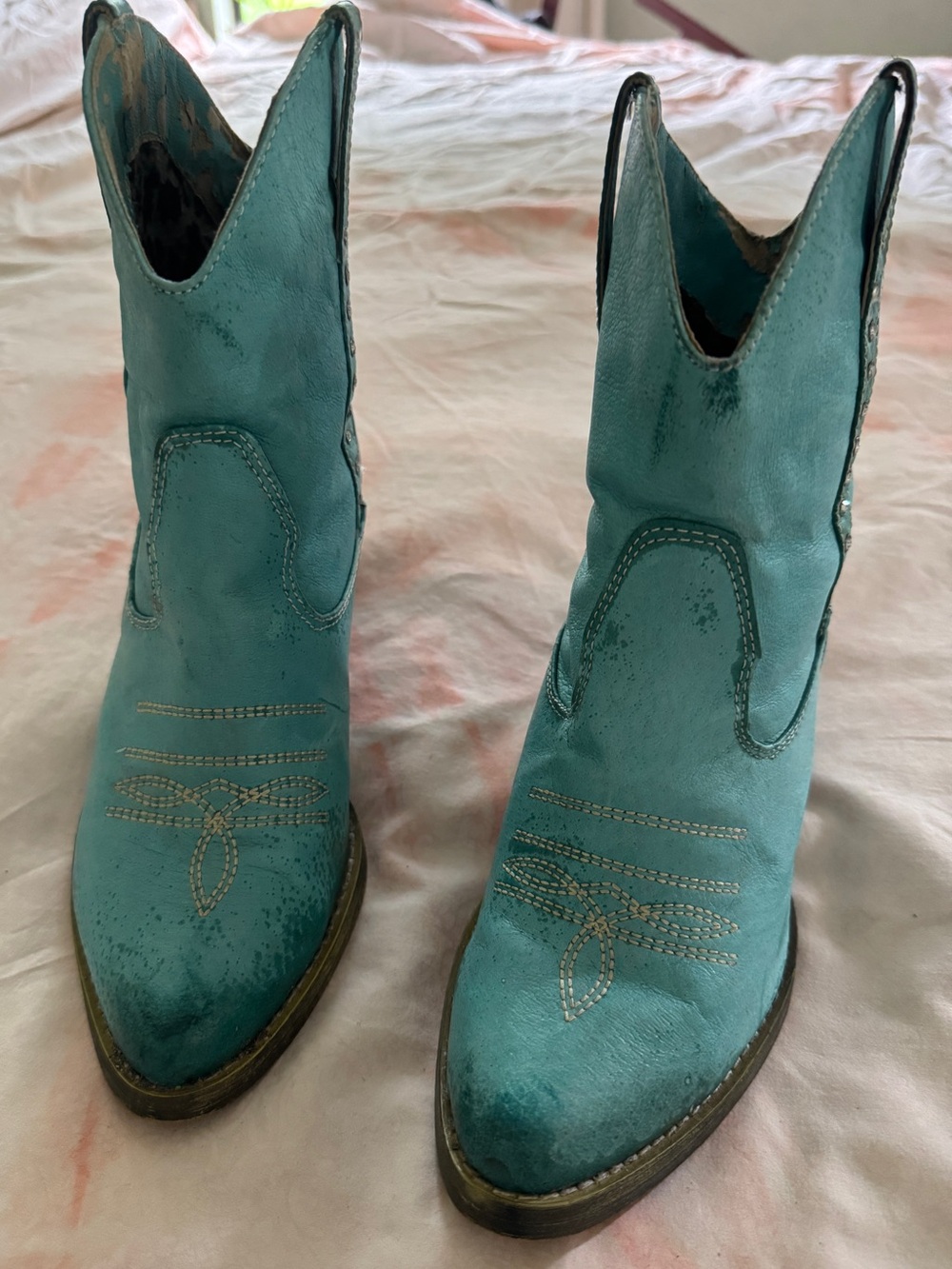 Women’s Teal Western Distressed Ankle Boots - Stylish Cowboy Booties